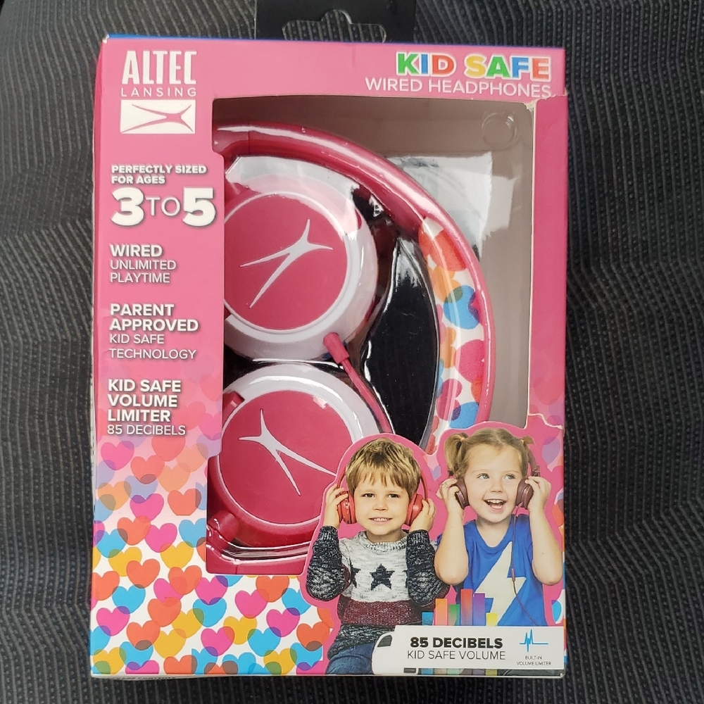 ALTEC LANSING Pink Hearts Wired Kids Headphones Back To School Kid Safe